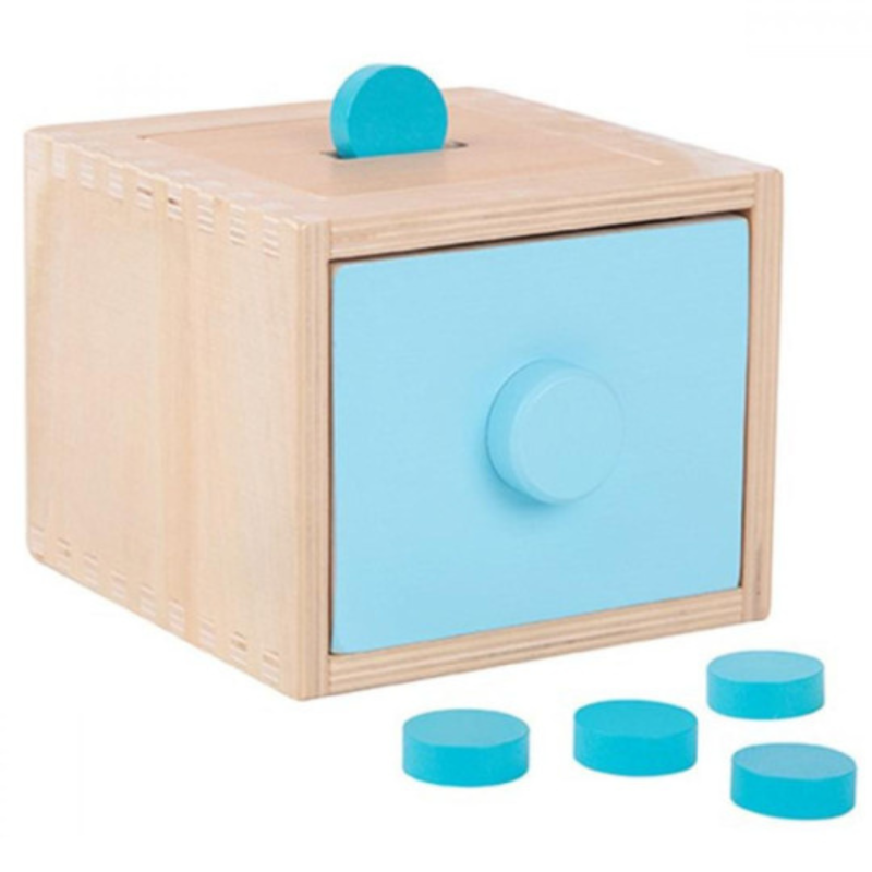 Drewniana kostka edukacyjna 4w1 sorter Montessori z szufladą 3+