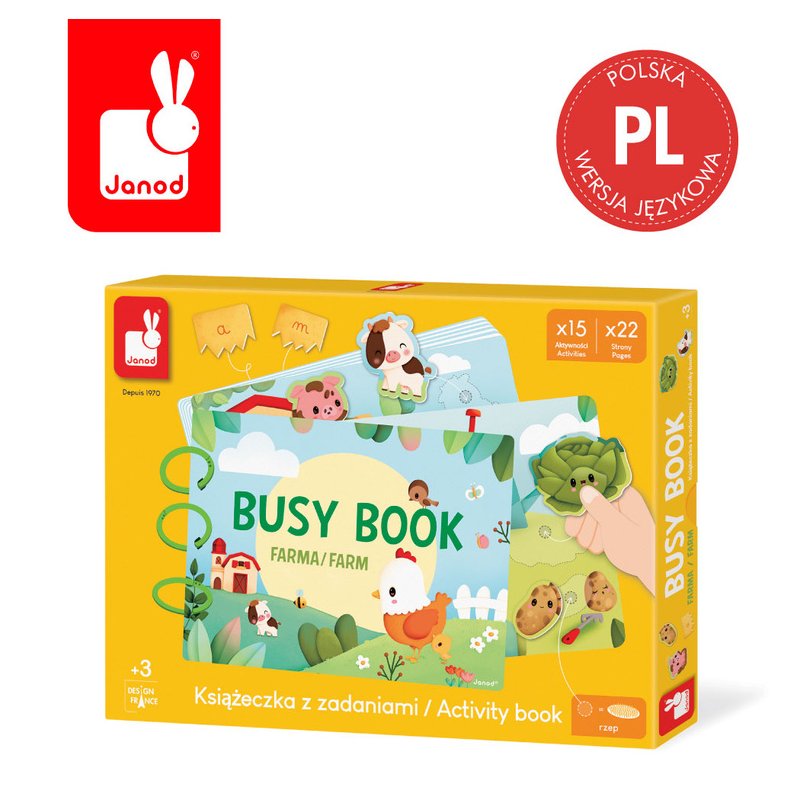 Janod Busy Book Farma Książeczka Edukacyjna z Zadaniami 3+