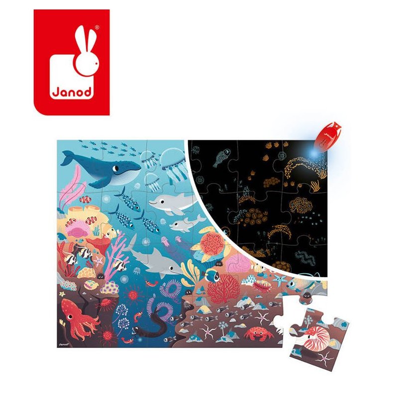 Janod Świecące Puzzle Ocean z Mini Lampką UV 24 Elementy 3+