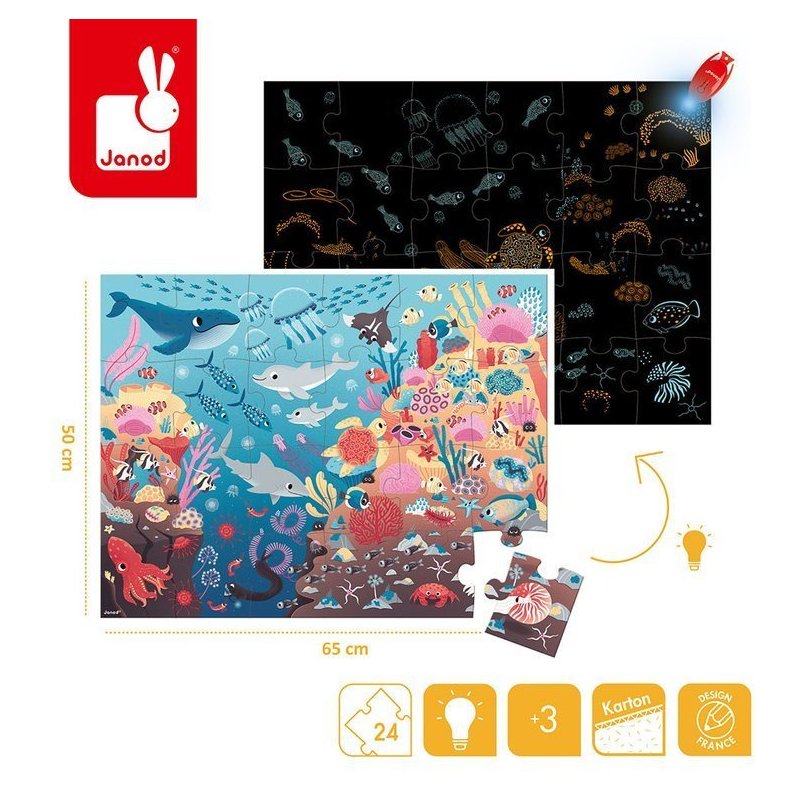 Janod Świecące Puzzle Ocean z Mini Lampką UV 24 Elementy 3+