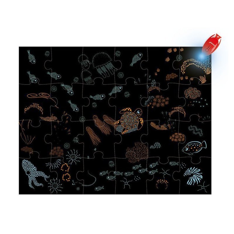 Janod Świecące Puzzle Ocean z Mini Lampką UV 24 Elementy 3+