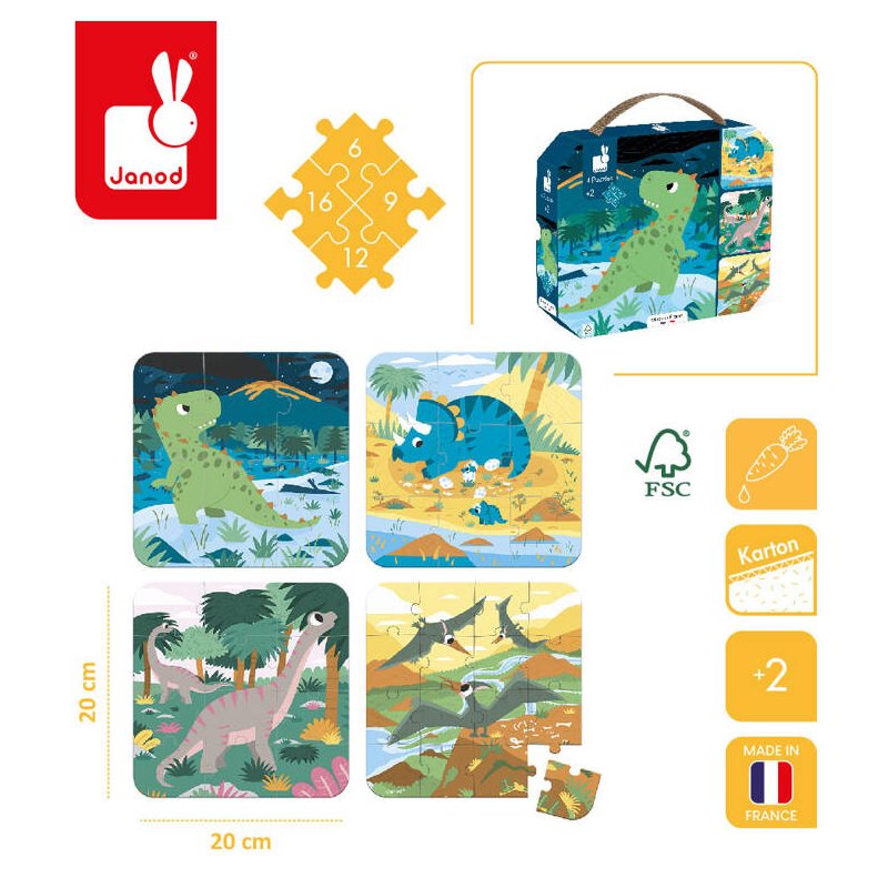 Janod Puzzle Progresywne Dinozaury 4 Układanki w Walizce 2+