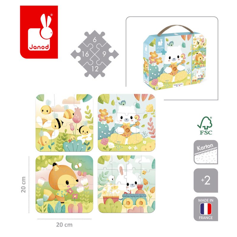 Janod Puzzle Progresywne Pure Zwierzątka 4 Układanki w Walizce 2+