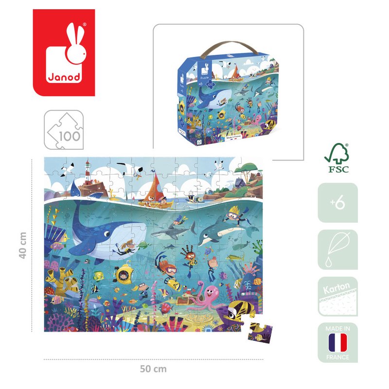 Janod Puzzle w walizce Podwodny świat 100 elementów 6+ Made in France