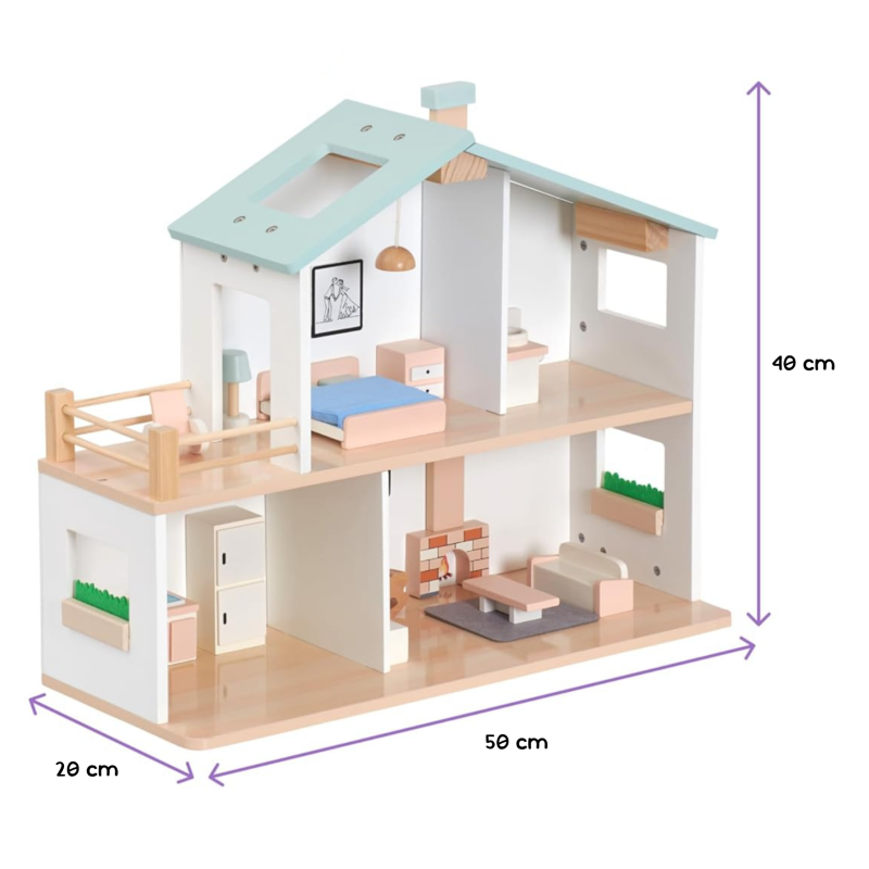 Drewniany Domek dla Lalek z Mebelkami i Lalkami 20 Elementów | BUBA TOYS