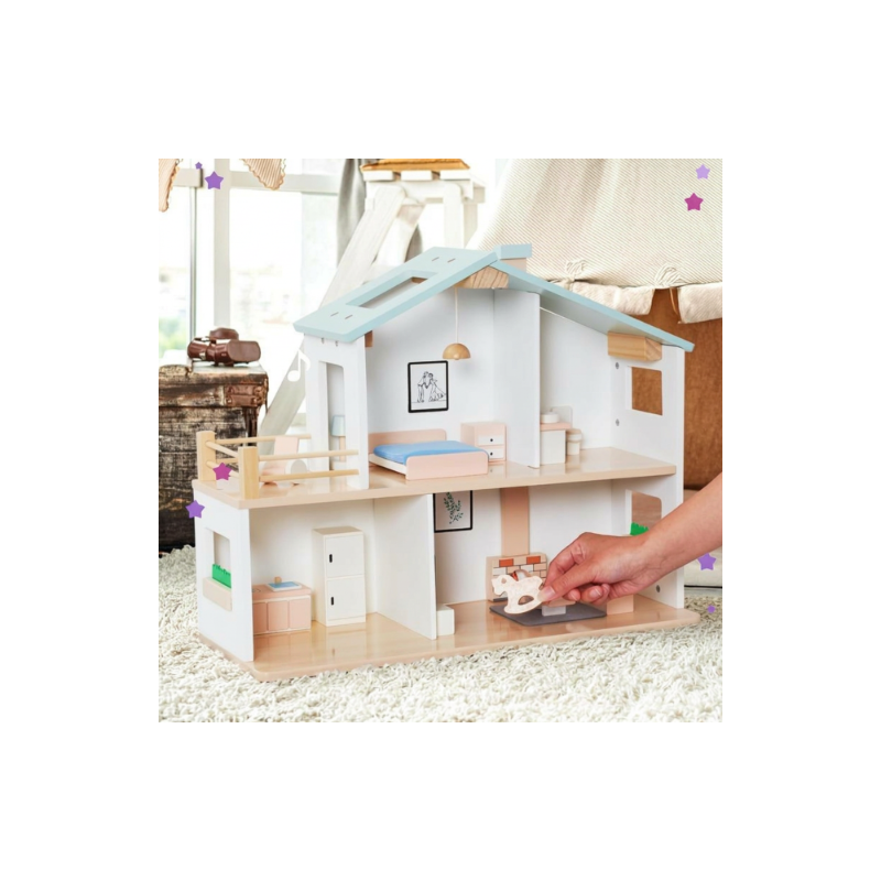 Drewniany Domek dla Lalek z Mebelkami i Lalkami 20 Elementów | BUBA TOYS