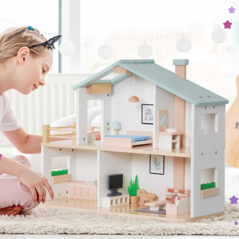 Drewniany Domek dla Lalek z Mebelkami i Lalkami 20 Elementów | BUBA TOYS