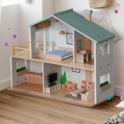 Drewniany Domek dla Lalek z Mebelkami i Lalkami 20 Elementów | BUBA TOYS