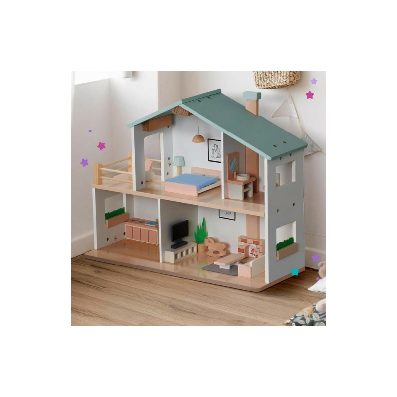 Drewniany Domek dla Lalek z Mebelkami i Lalkami 20 Elementów | BUBA TOYS