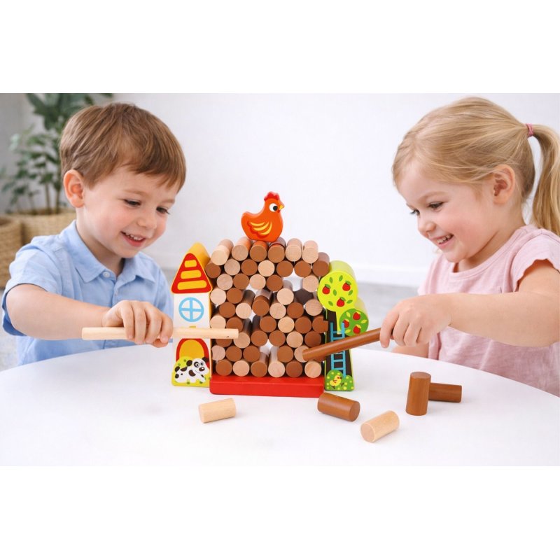 Gra Zręcznościowa Farma Spadająca Kura Drewniana 69 El. 3+ | BUBA TOYS