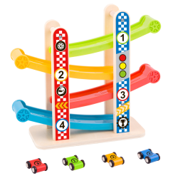 Drewniany Tor Samochodowy Zjeżdżalnia z 4 Autkami 3+ | BUBA TOYS