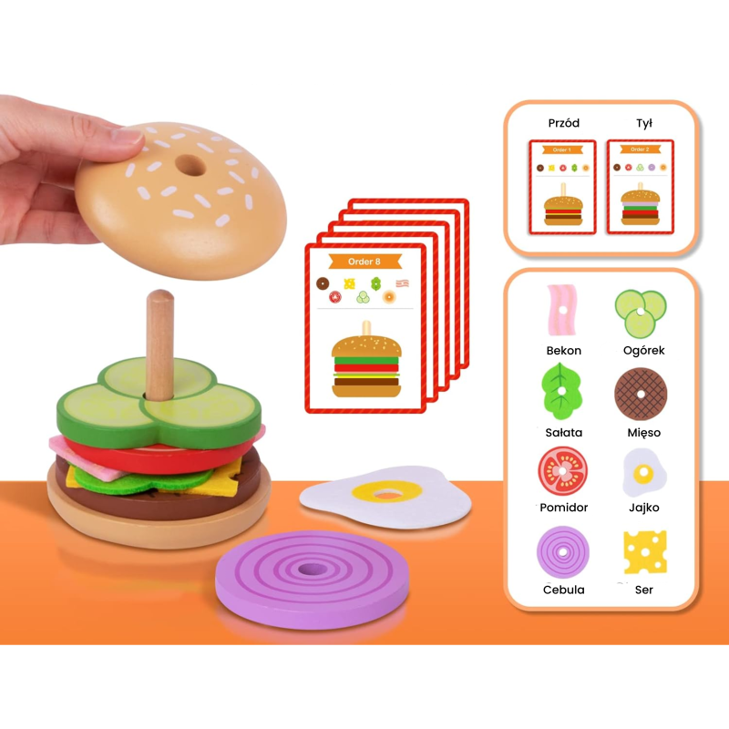 Drewniany Burger Montessori Układanka Edukacyjna 15 El. 3+ | BUBA TOYS