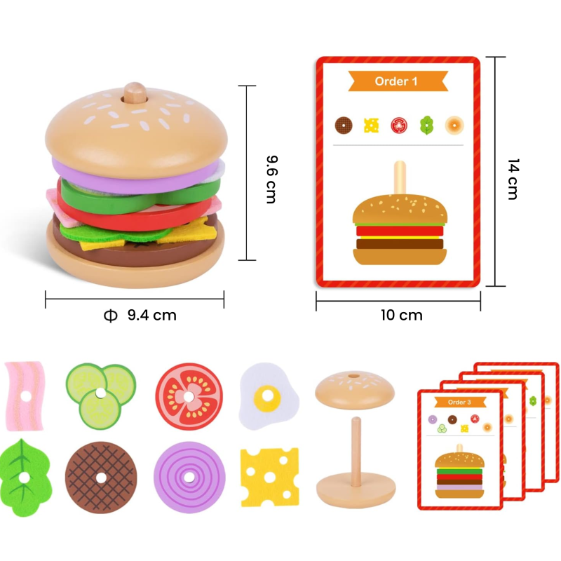 Drewniany Burger Montessori Układanka Edukacyjna 15 El. 3+ | BUBA TOYS