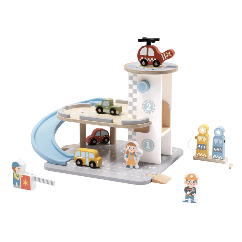 Tooky Toy Drewniany Parking Garaż z Windą i Helikopterem 24m+ | BUBA TOYS