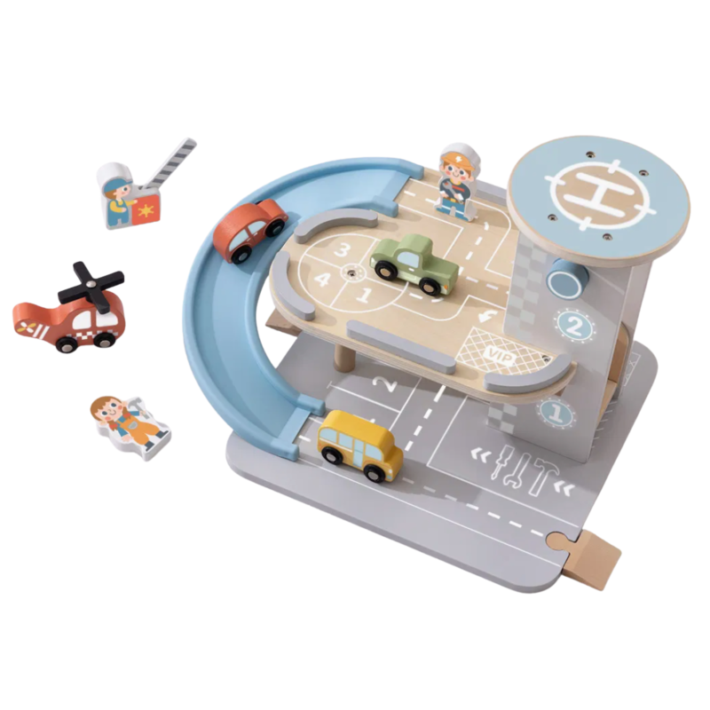 Tooky Toy Drewniany Parking Garaż z Windą i Helikopterem 24m+ | BUBA TOYS