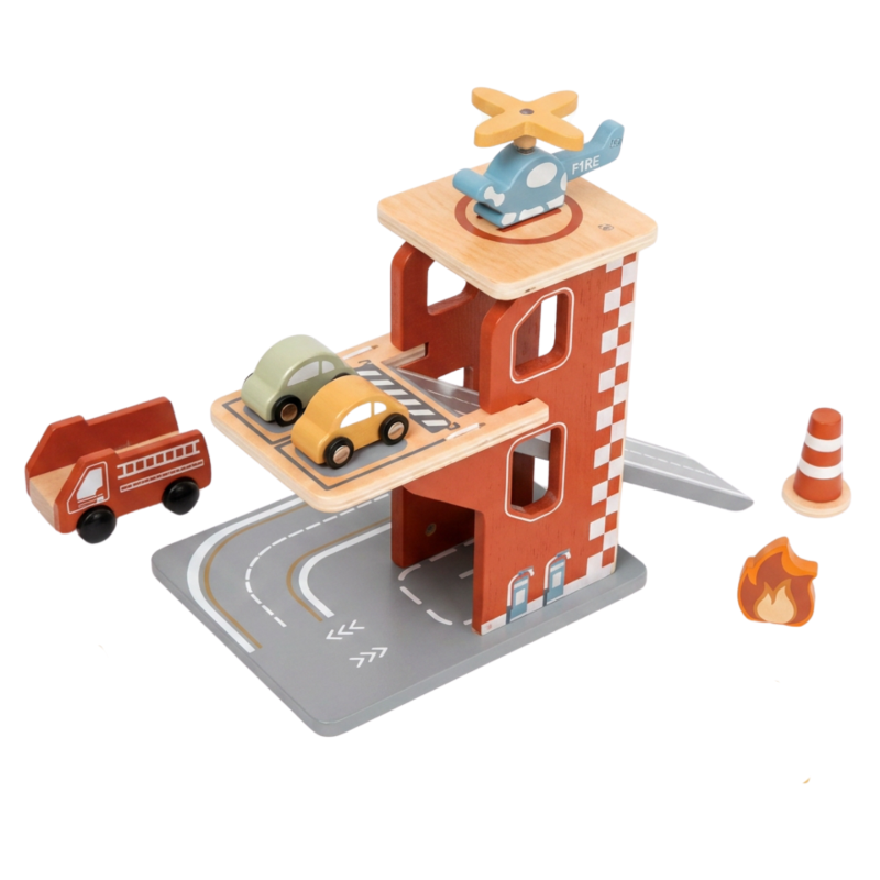 Tooky Toy Drewniany Garaż Straż Pożarna z Helikopterem 24m+ | BUBA TOYS