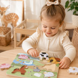 Dźwiękowa Układanka Farma Drewniane Puzzle z Odgłosami Zwierząt 24m+ | BUBA TOYS