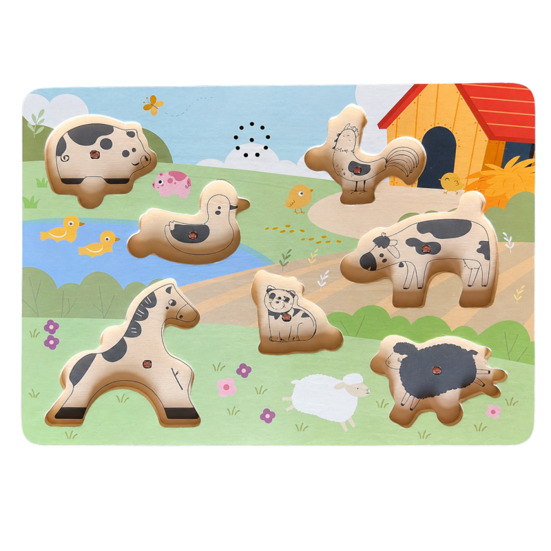 Dźwiękowa Układanka Farma Drewniane Puzzle z Odgłosami Zwierząt 24m+ | BUBA TOYS
