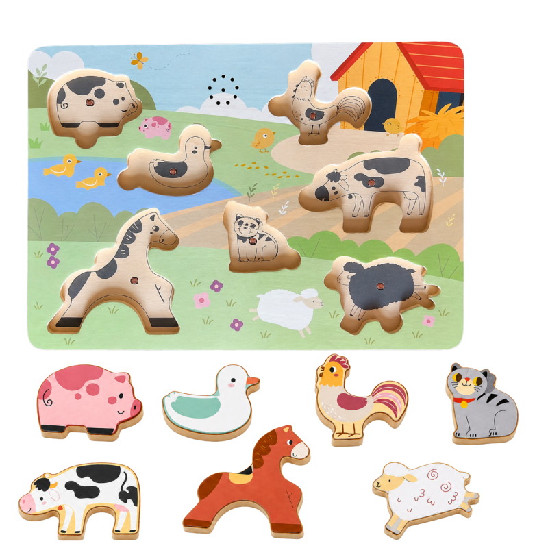 Dźwiękowa Układanka Farma Drewniane Puzzle z Odgłosami Zwierząt 24m+ | BUBA TOYS
