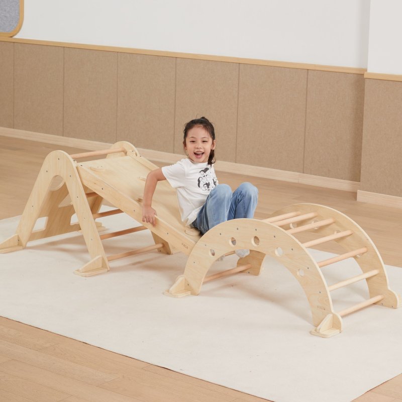 Zestaw Montessori 3w1 Trójkąt Piklera Zjeżdżalnia Bujak Drewniany Plac Zabaw 18m+ | BUBA TOYS