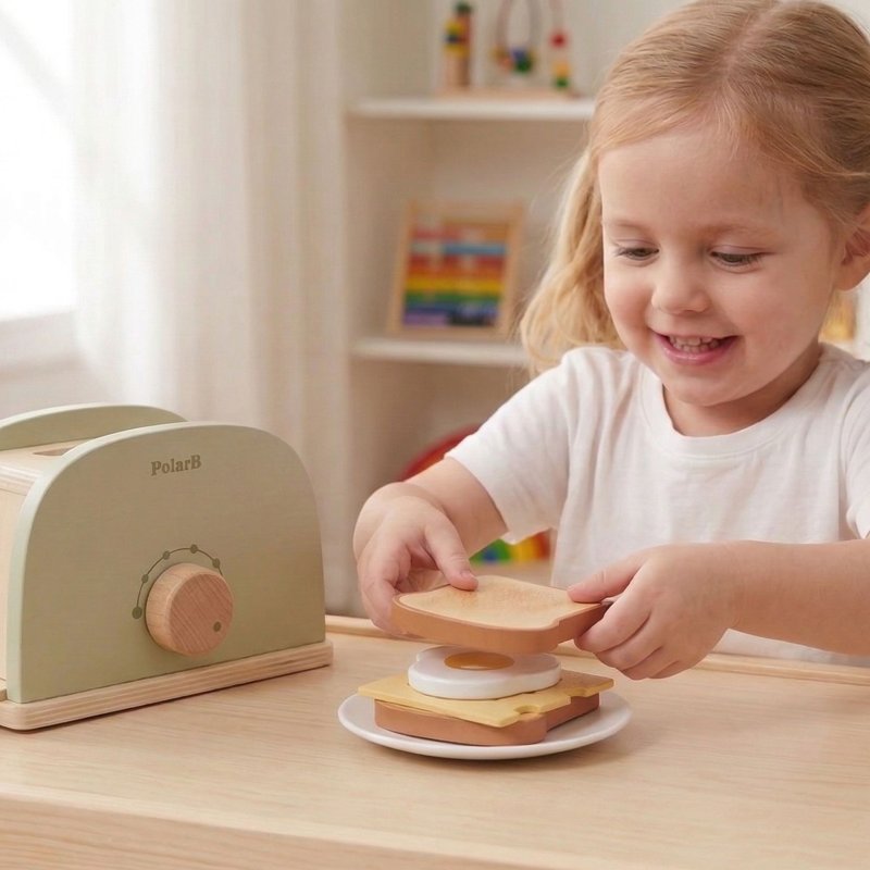 Viga Drewniany Toster Zielony z Akcesoriami Kuchennymi 7 El. 3+ | BUBA TOYS