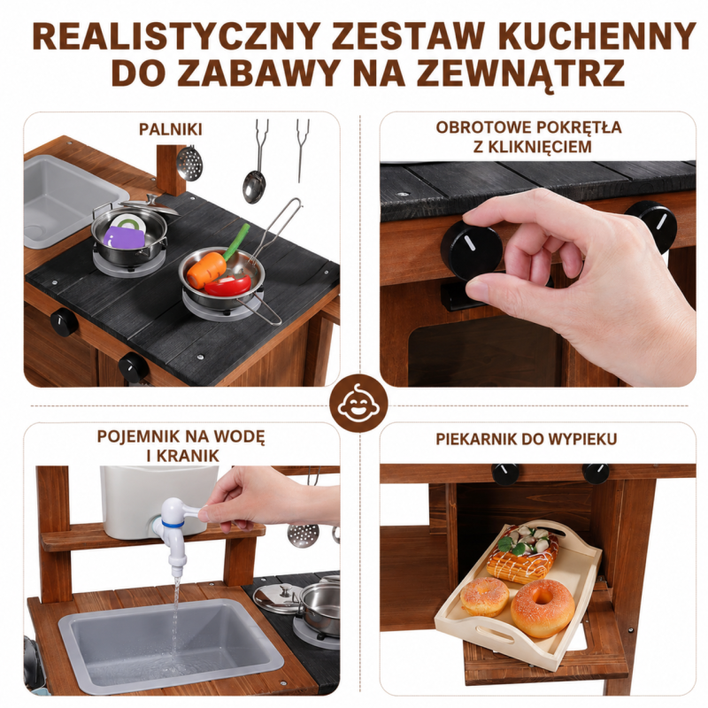 Drewniana Kuchnia Błotna Mud Kitchen z Kranem 3+ | BUBA TOYS