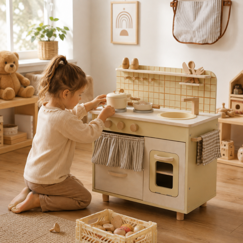 Drewniana Kuchnia Retro dla Dzieci Beżowa z Piekarnikiem | BUBA TOYS