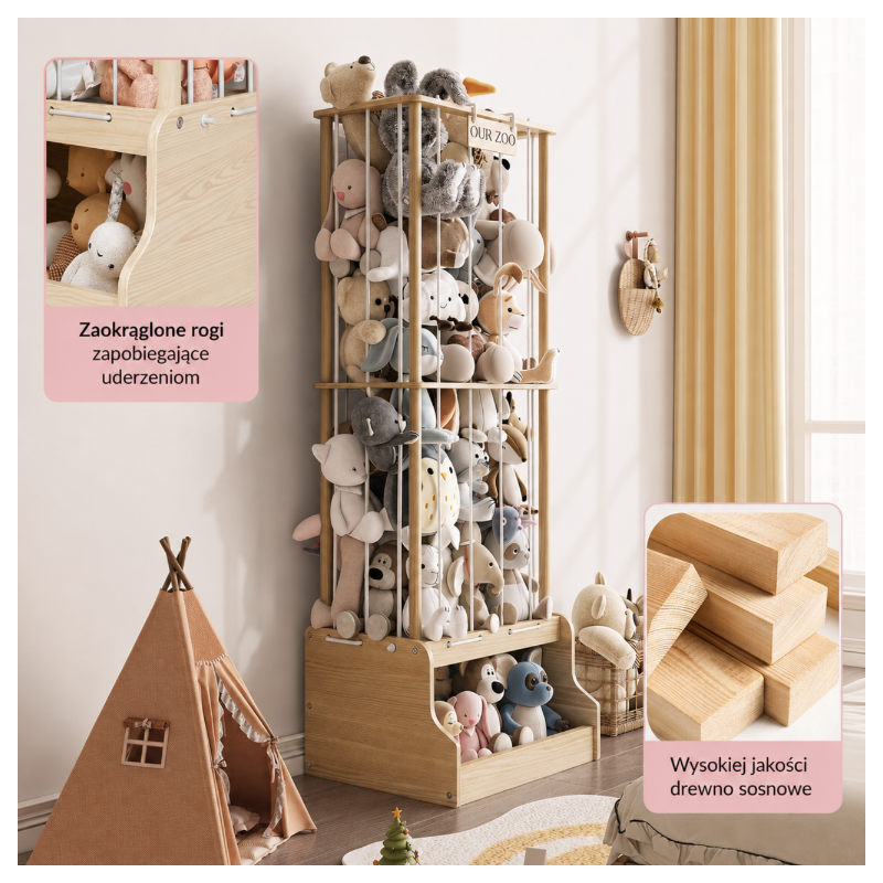 Drewniany Organizer na Pluszaki OUR ZOO 2w1 130 cm | BubaToys