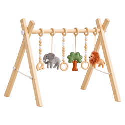 Baby Gym Drewniany Stojak Edukacyjny z Zawieszkami dla Niemowląt Safari – Safari