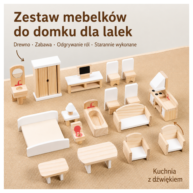 Drewniane Mebelki do Domku dla Lalek Zestaw 20 el. | BubaToys