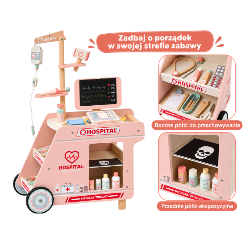 Drewniany Wózek Lekarski dla Dzieci Szpital Zestaw Lekarza 3+ | Buba Toys