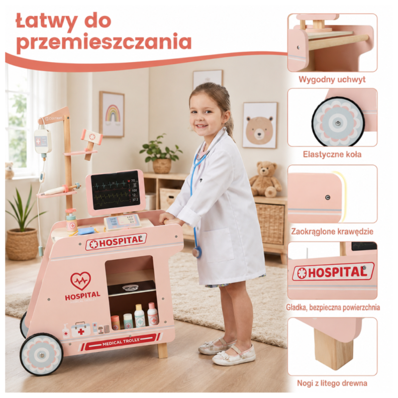 Drewniany Wózek Lekarski dla Dzieci Szpital Zestaw Lekarza 3+ | Buba Toys