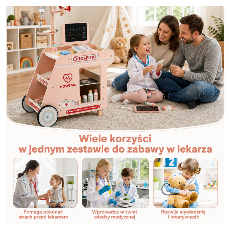 Drewniany Wózek Lekarski dla Dzieci Szpital Zestaw Lekarza 3+ | Buba Toys